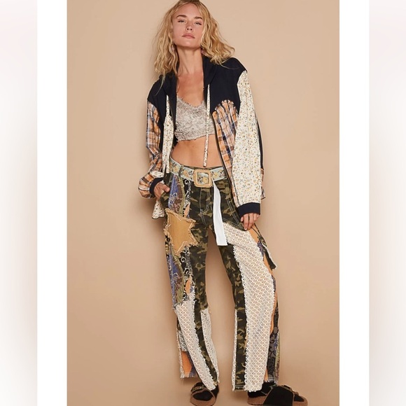 POL Mixed Fabric and Print Zip Up Hooded Top in Navy Medium Boho Bohemian Hippie - Picture 4 of 13